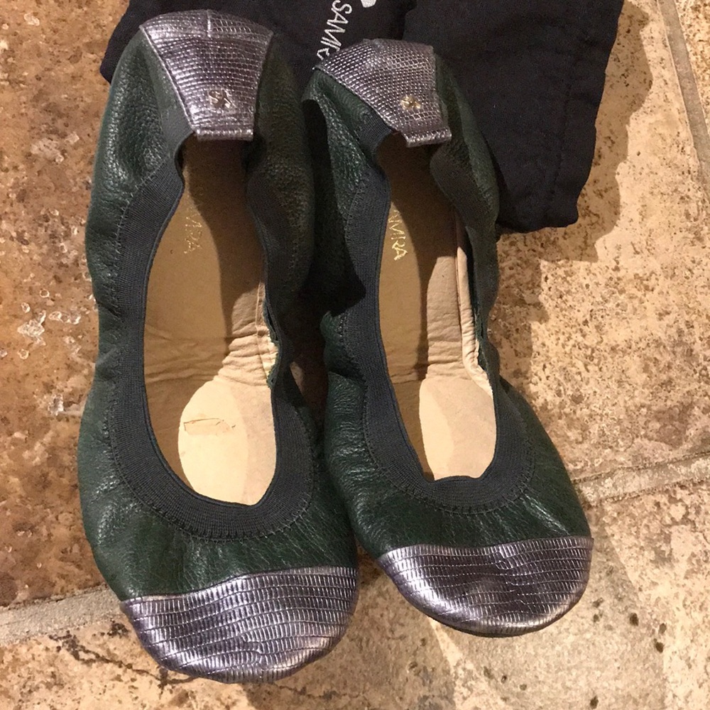 Yosi Samra green silver ballet flats & travel bag